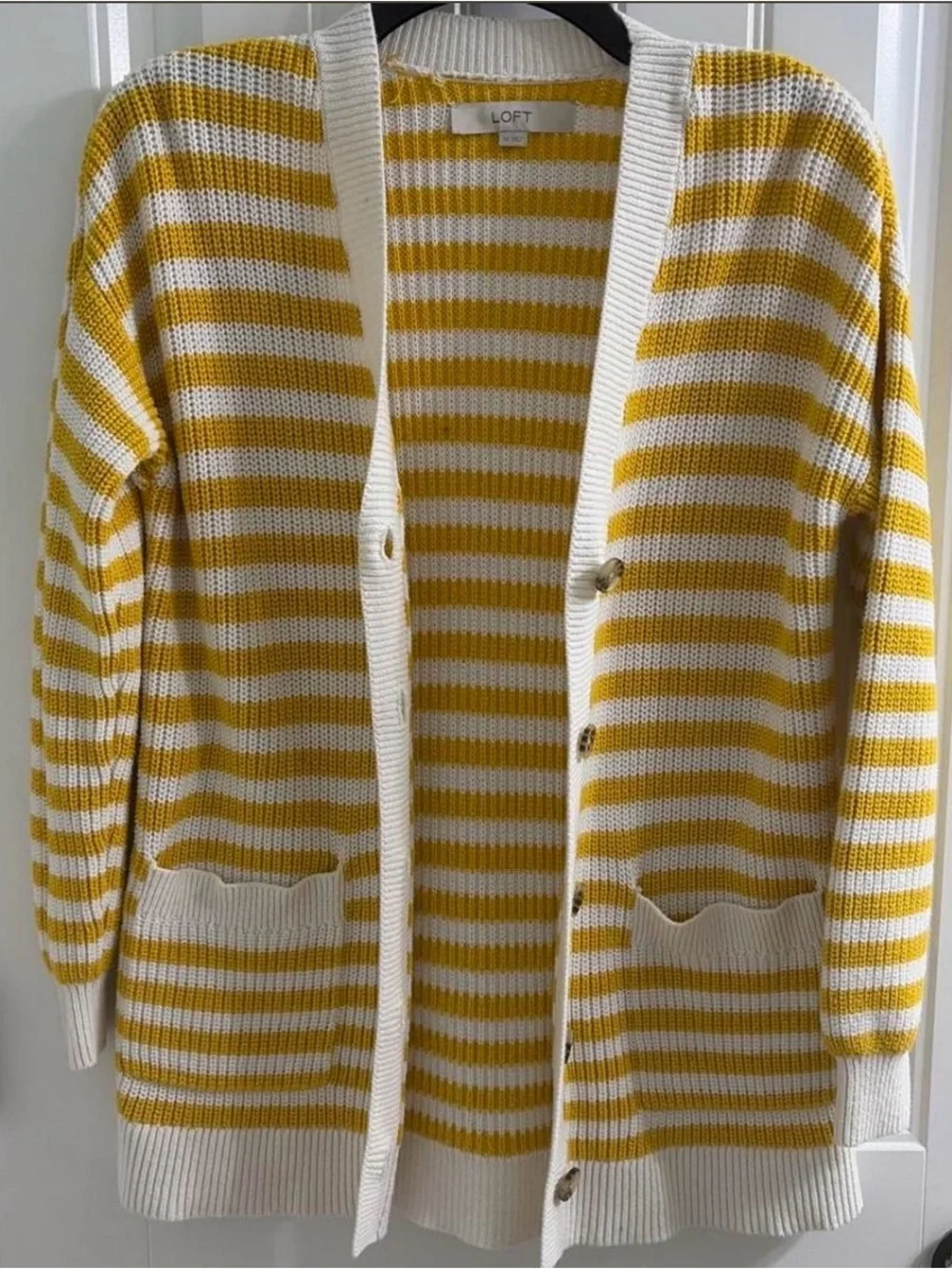 LOFT Mustard Yellow & White Striped Knit Cardigan Sweater XS Fall Preppy Style - Picture 3 of 4